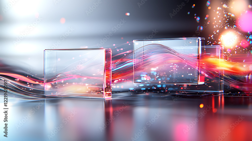 Poster dynamic light waves and translucent blocks abstract digital art modern environment visual harmony co