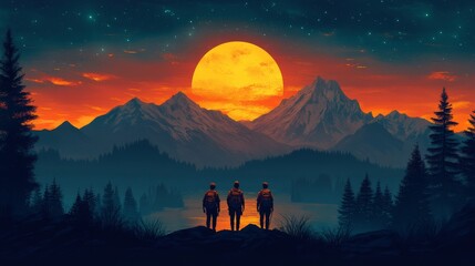 Fototapeta premium Three hikers silhouette against stunning sunset mountain view with a star filled sky offering a sense of adventure and peace