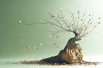 A solitary tree sheds its golden leaves against a serene green backdrop