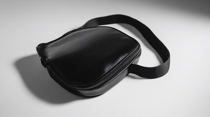 A black leather pouch with a zipper and a strap on a light background captured in a studio