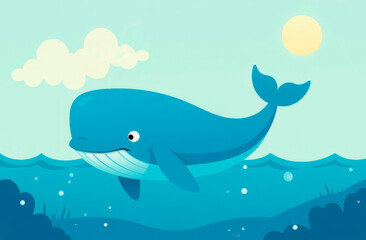 Obraz premium International Day The blue whale event banner. Blue whale on white background with place for text, copy text