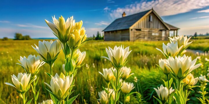 Cream Gentian Wildflowers Blooming at Somme Prairie Nature Preserve, Northbrook, Illinois