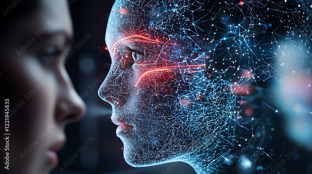 Poster exploring the intersection of humanity and ai futuristic setting digital art cyber environment close