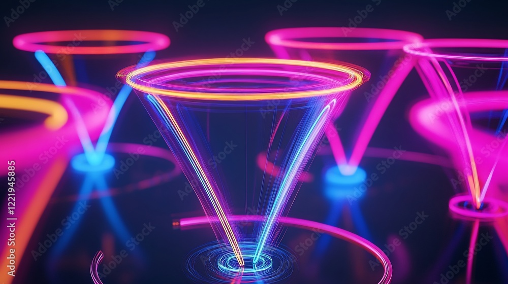 Poster abstract glowing neon cones with circular lights on dark background 3d render
