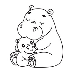 Line art of mother hippo hugs her baby cartoon vector