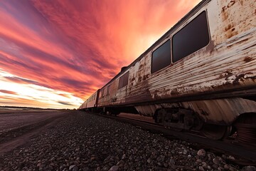 Obraz premium Vintage rusty train against the backdrop of a spectacular sunset with red and orange clouds, capturing the beauty of a train journey in the golden hour
