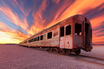 Obraz premium A rusty train abandoned in the desert under the dramatic red sky of a stunning sunset, evoking a sense of solitude and forgotten journeys.