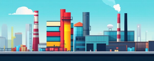 A colorful industrial landscape featuring factories with smokestacks, containers, and a clear blue sky.