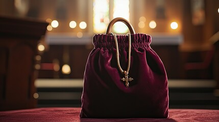 a close-up image of a rich velvet church tithe offering bag with wooden handles, showcasing its texture and craftsmanship against a softly lit altar background.