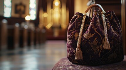 a close-up image of a rich velvet church tithe offering bag with wooden handles, showcasing its texture and craftsmanship against a softly lit altar background.
