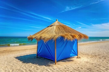 Fototapeta premium Kinburn Spit Beach Scene: Blue Tent, Straw Umbrellas, August 2017
