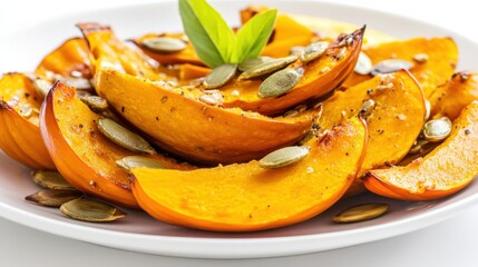 Roasted Pumpkin Slices with Seeds on White Plate