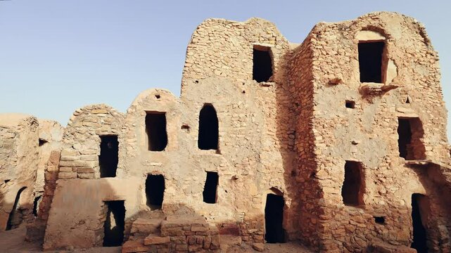 Ruins of multistory ghorfas of Fortified Berber settlement Ksar al-Dagaghra, Tataouine, Tunisia