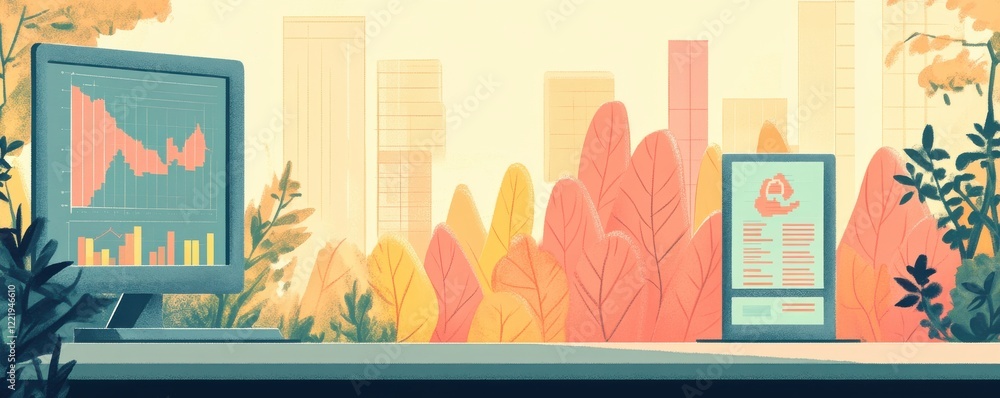 Poster a serene workspace featuring a computer displaying graphs, alongside a vibrant cityscape and autumn 
