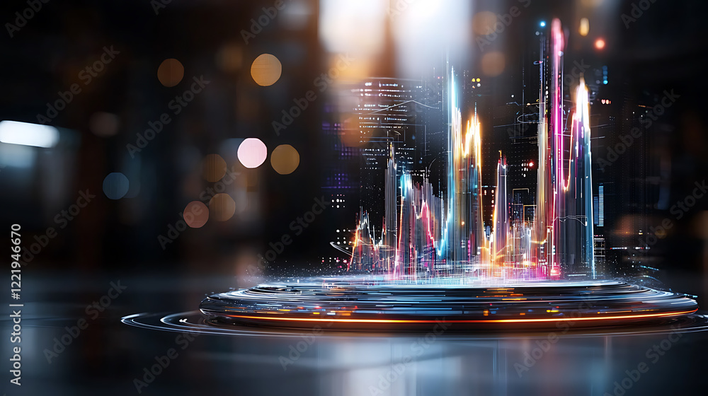 Poster dynamic data visualization showcasing technological progress in a futuristic urban environment