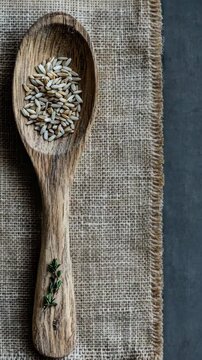 Cumin seeds on a wooden spoon resting on a rustic fabric, capturing the essence of culinary traditions in a kitchen setting