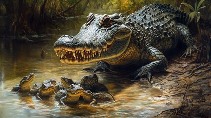 Naklejka premium Alligator and her family in the swamp, reptiles bask in the water near tree roots