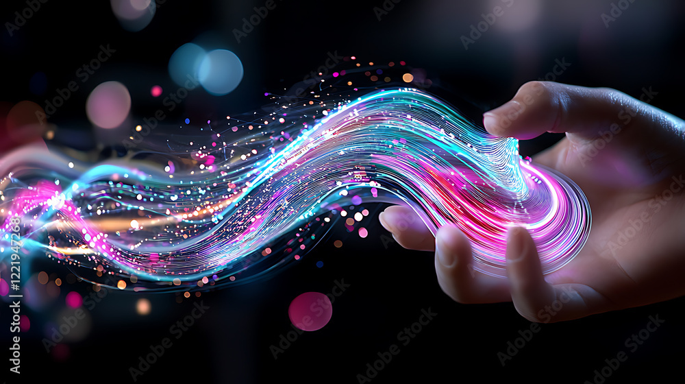 Poster creating magical light waves digital art abstract composition vivid colors close-up view imagination