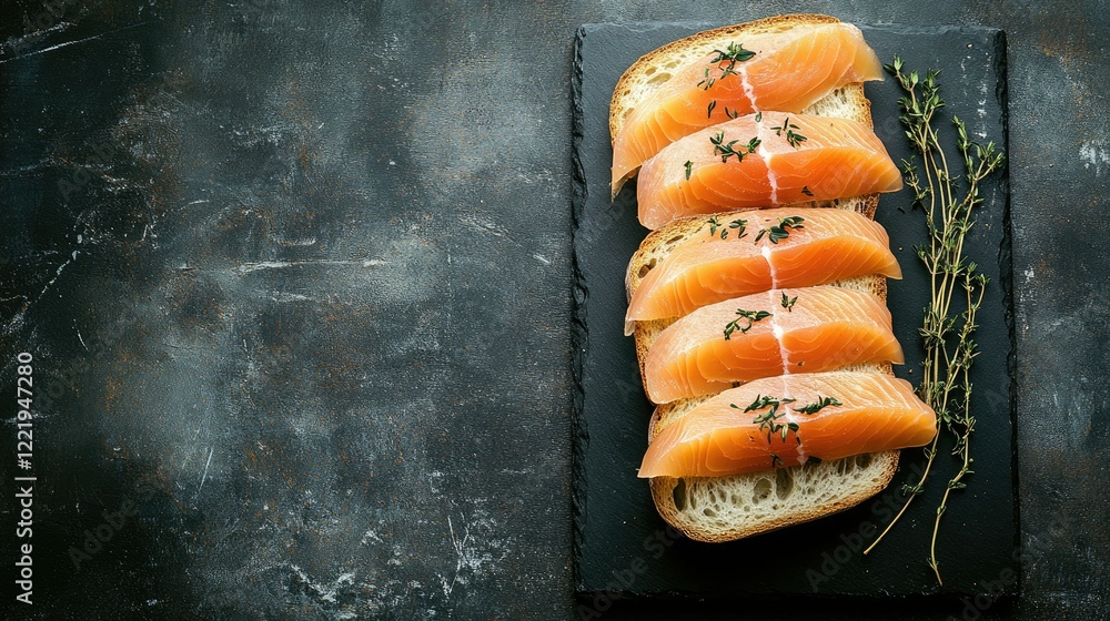 Poster freshly sliced salmon fillets on crisp bread with aromatic thyme on a dark slate background for gour