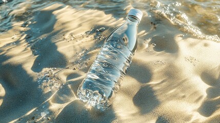 A clear plastic water bottle lies on the sandy beach near the water's edge
