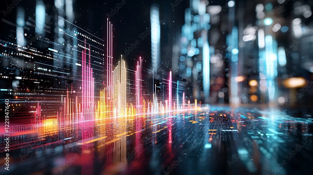 Poster dynamic data visualization digital cityscape abstract art futuristic environment high-tech perspecti
