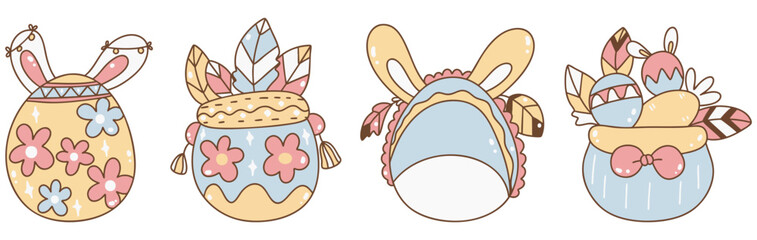 Boho Easter, Easter eggs with floral designs and bunny motifs evoke festive spirit