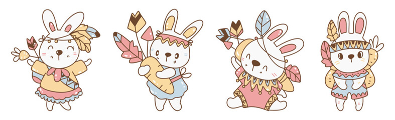 Boho Easter, Cute bunnies in festive outfits with arrows and carrots, celebrating Easter joyfully
