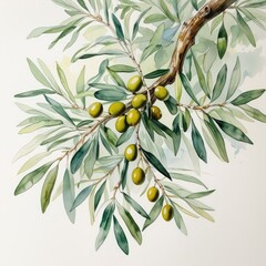 Obraz premium Watercolor illustration of an olive branch with green fruits and leaves. 