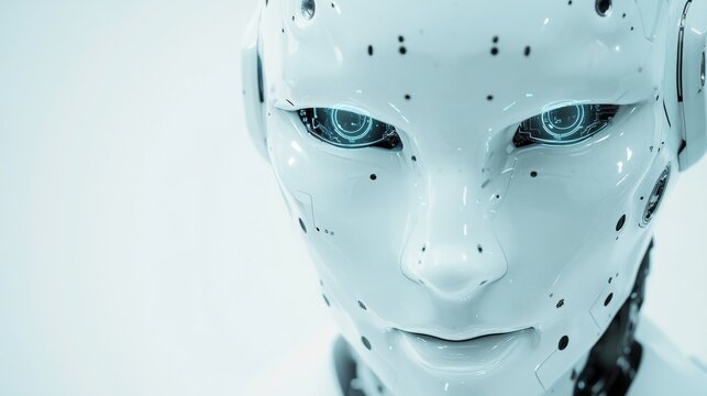 A close-up of a humanoid robot’s face with intricate facial recognition sensors, sleek and futuristic design, Advanced Robotics style