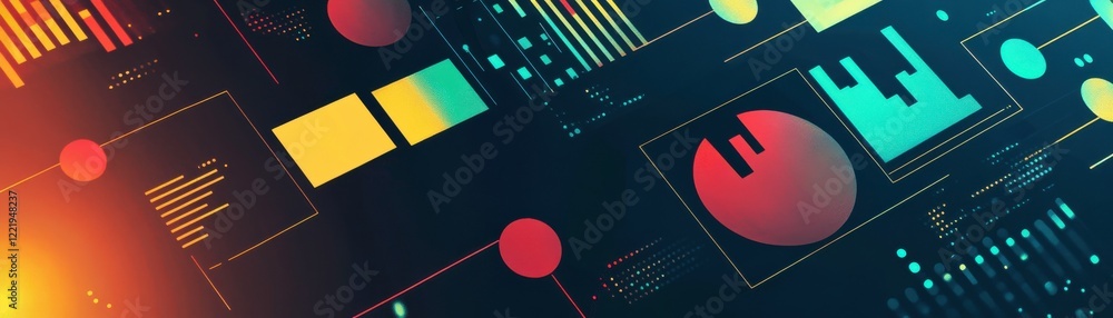 Poster a vibrant digital background featuring abstract graphs, charts, and colorful shapes, ideal for data 