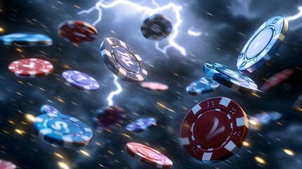 flying casino poker chips, on a thunder background, generative ai