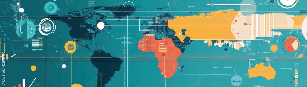 Poster A colorful world map design featuring various graphics and symbols, emphasizing global connectivity and data visualization.