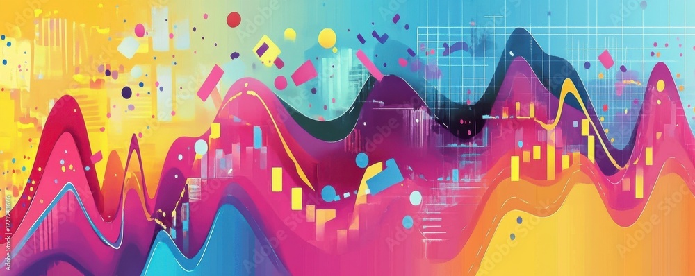 Poster a vibrant abstract design featuring colorful waves, geometric shapes, and dynamic patterns, creating