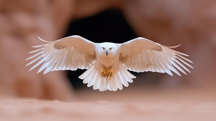 Obraz premium White hawk in flight, desert cave background, wildlife photography, nature poster
