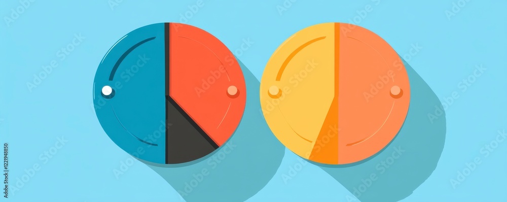 Poster two colorful circular shapes split into sections, featuring contrasting colors and a playful design 