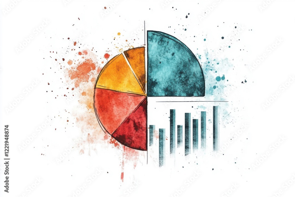 Poster a colorful watercolor illustration featuring a pie chart and bar graph, representing data visualizat