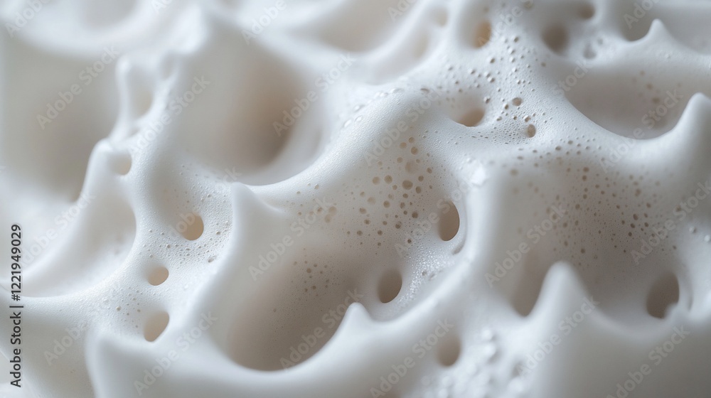 Poster close-up of white foam with intricate patterns and small bubbles forming an abstract texture