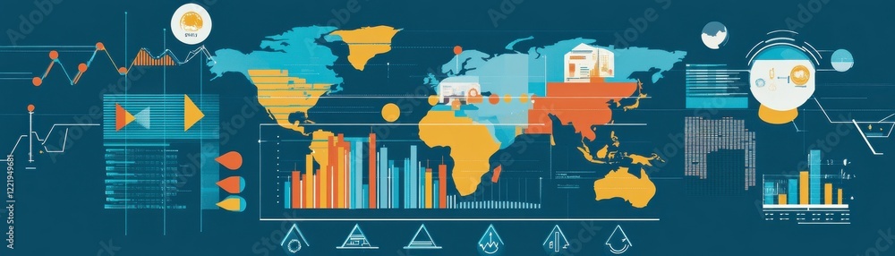 Poster a colorful infographic of a world map featuring various data visualizations, graphs, and icons repre
