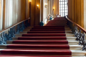 A grand staircase with a red carpet leading up to the next level of an old historical building, showcasing opulent architecture and vintage design.