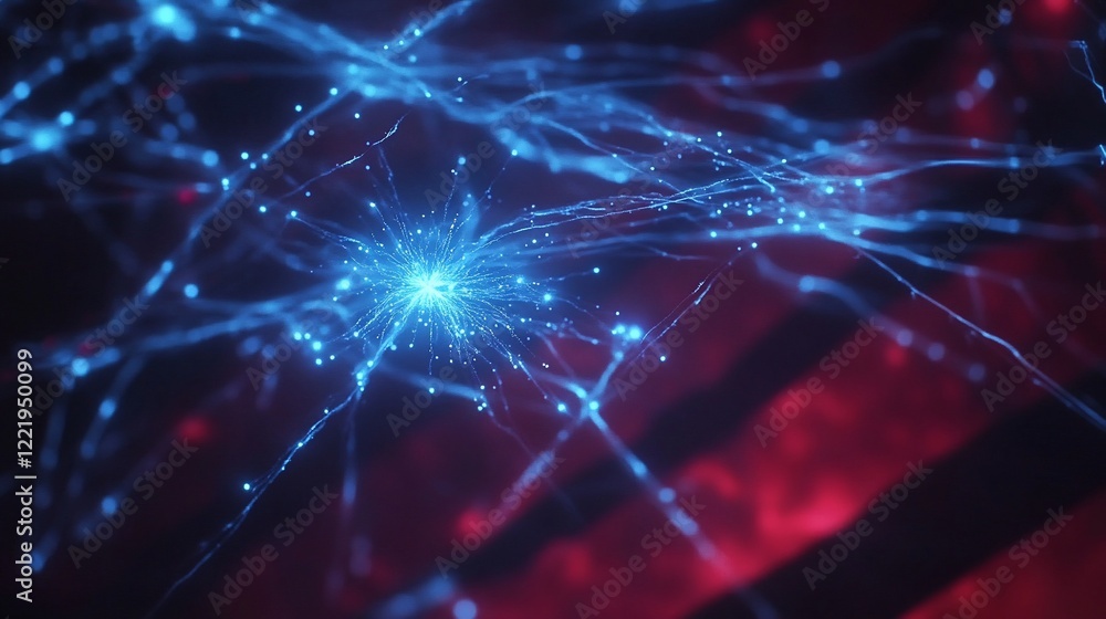 Poster abstract network of glowing blue lines and nodes with a red and black background