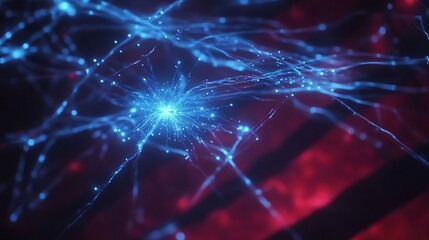Abstract Network of Glowing Blue Lines and Nodes with a Red and Black Background