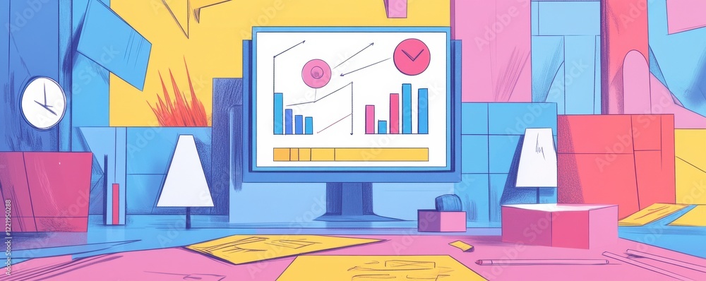 Aufkleber a vibrant workspace featuring a computer with colorful graphs, clocks, and geometric shapes, highlig