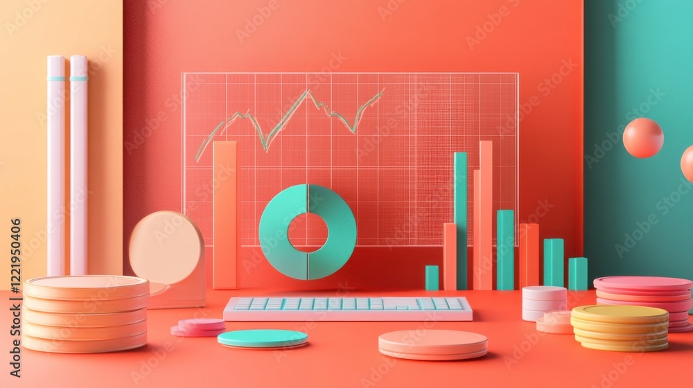 Poster a vibrant workspace featuring colorful graphs and geometric shapes, symbolizing data analysis and ma