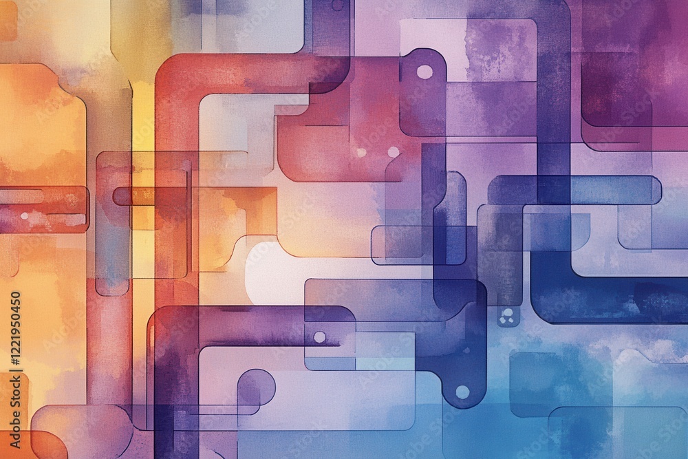 Poster a colorful abstract design featuring overlapping geometric shapes in shades of purple, orange, and b
