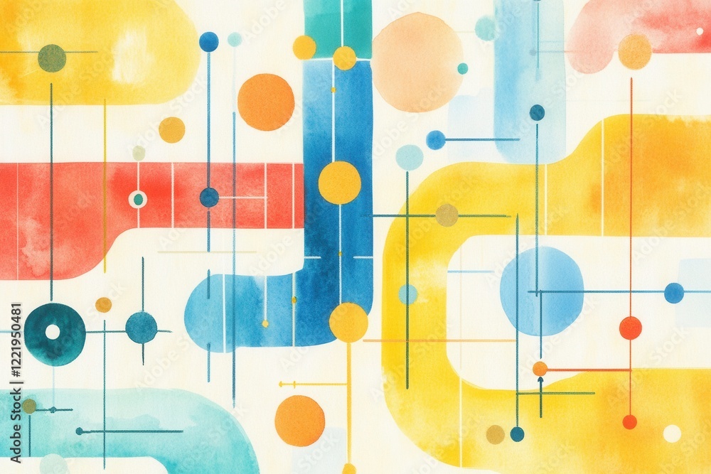 Poster a vibrant abstract composition featuring colorful geometric shapes and lines in shades of blue, yell