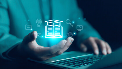  E-learning education concept, internet lessons and online webinar.  who attends online lessons on...