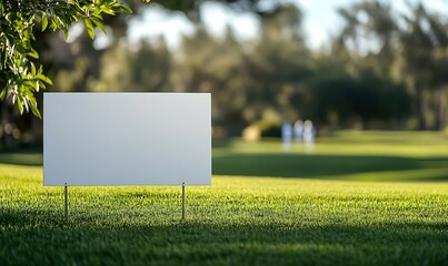 A blank banner Blank sign or yard sign in golf course. blurred Golf players in the background.