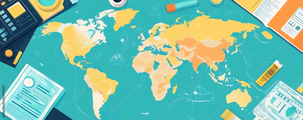 Poster a colorful map of the world with various tools and papers surrounding it, suggesting themes of trave