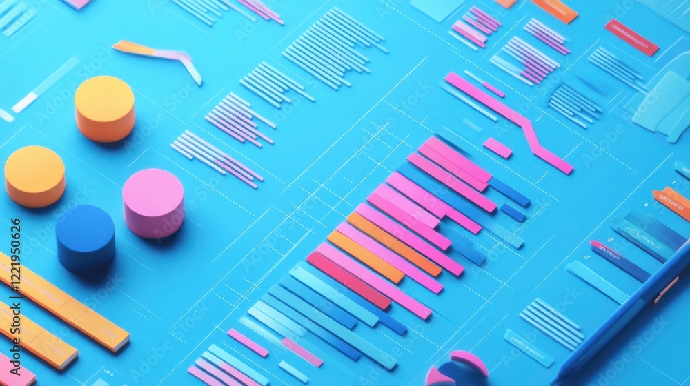 Poster a vibrant, abstract representation of data visualizations featuring colorful charts and graphs on a 