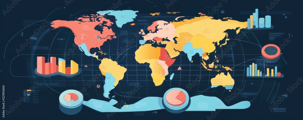 Aufkleber a colorful, stylized world map featuring data visualizations, including charts and graphs, illustrat